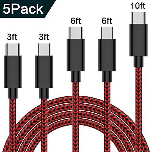 TNSO USB C Cable 5Pack (3/3/6/6/10 FT) Nylon Braided Type C Cable Charger USB Type C Cable Fast Charging Cord for Samsung Galaxy Note 8 S8 Plus, LG G5 G6 V30, HTC 10, Nexus 5X/6P