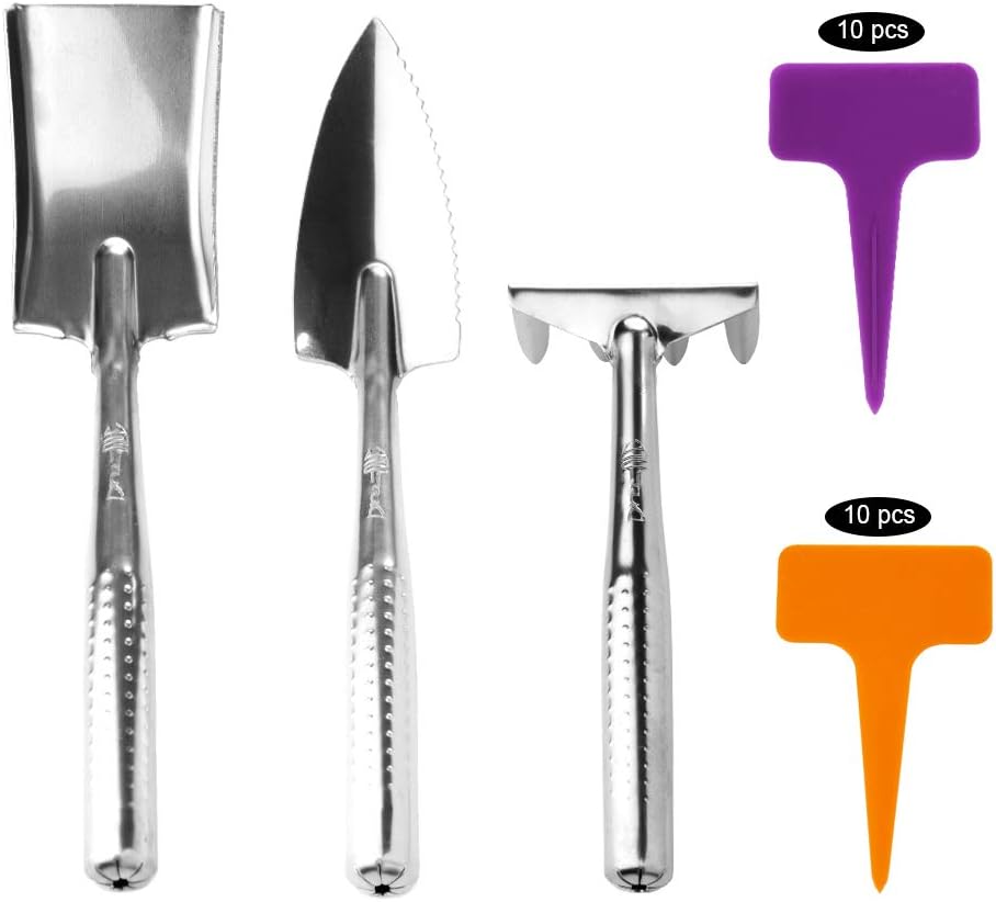 peinat Garden Tool Set, 3PCS Garden Tools + 20PCS Inserted Card (Small Shovel/Cultivator Hand Rake/Transplant Trowel) Stainless Steel Heavy Duty Gardening Kit for Kids Gardening Tools Set : Garden & Outdoor