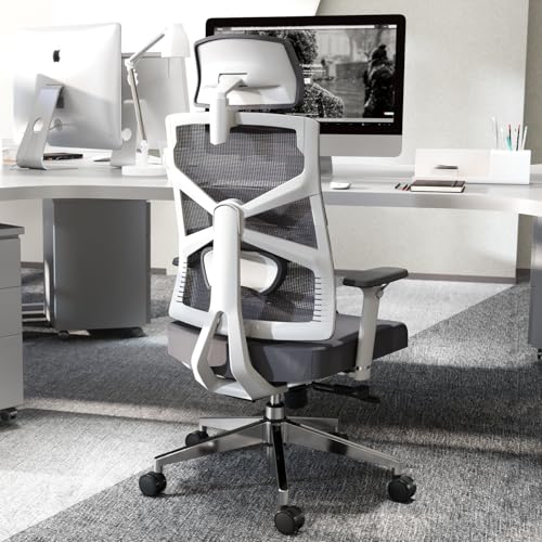 HOLLUDLE Ergonomic Office Chair with Adjustable Backrest, Depth Adjustable Seat, 4D Armrests, Lumbar Support and 2D Headrest, 360° Swivel, Modern Design, White