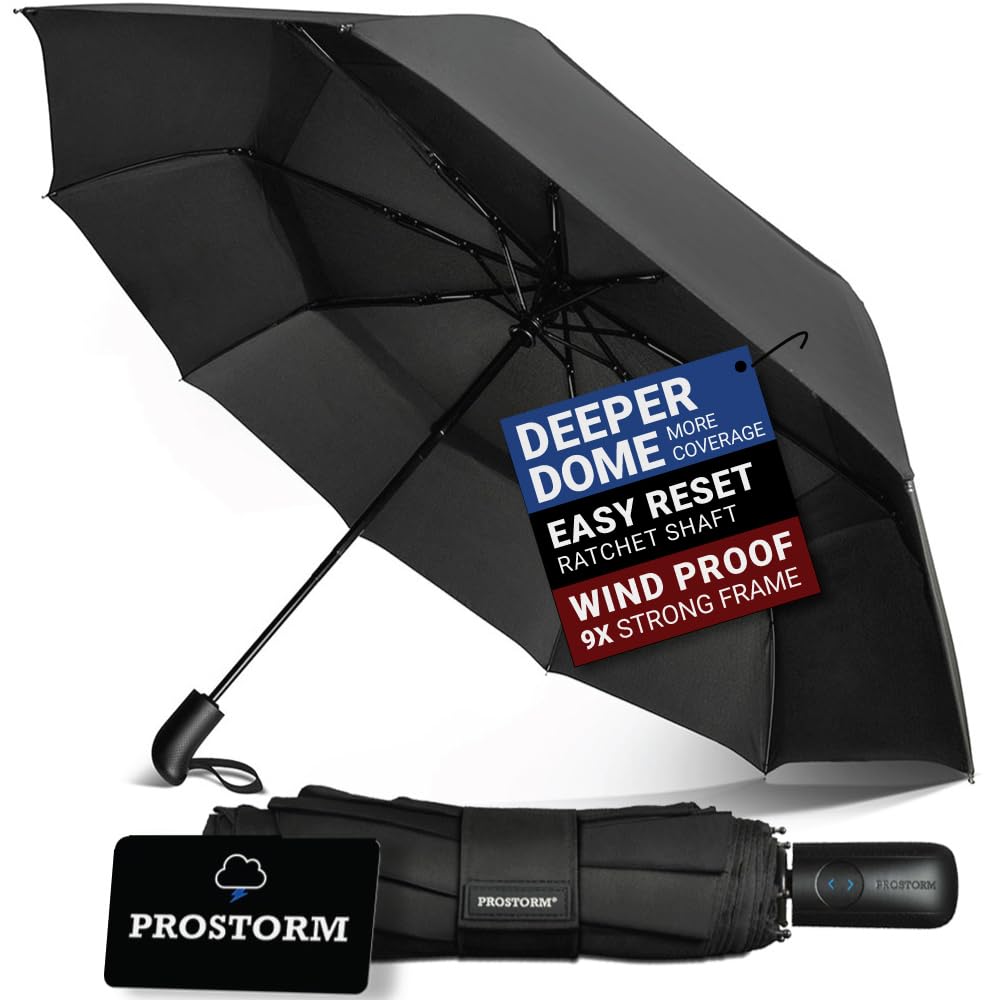 Photo 1 of PROSTORM Vented Travel Umbrella | Strong Compact Windproof Umbrella | Top Pick by Wirecutter 2025 | Deep Dome Coverage | Automatic Open/Close | Portable Pop Up with Large Coverage | Fits Car & Backpack (Black)