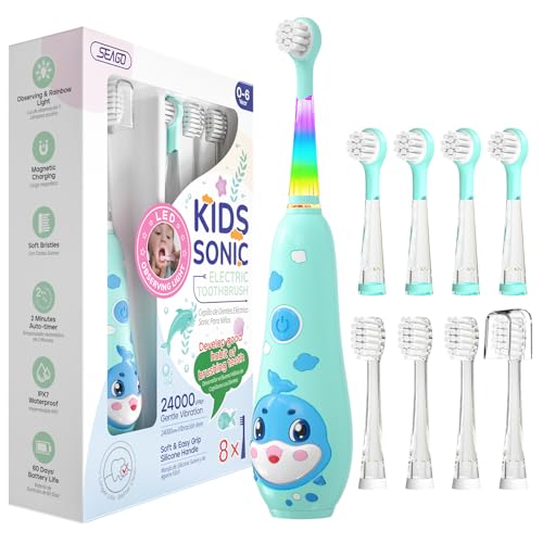 SEAGO Kids Electric Toothbrushes Rechargeable, Toddler Electric Toothbrush with Magnetic Charging, LED Observing Light, 8 Toothbrush Heads for Ages 2-4 -6 Boys Girls (Blue)