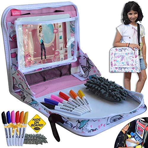 Kids Travel Tray for Girls - Car Seat Travel Play Tray 3 in 1 with Sturdy Dry Erase Top, Carry Bag & Tablet/iPad Holder -Dry Erase Markers, Eraser, Perfect for Car Activities & Plane Rides,White-Pink