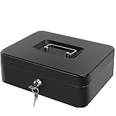 Cash Box with Money Tray and Lock, Large Metal Lock Box for Money Safe 9.84 x 7.87 x 3.54 Inches - Black
