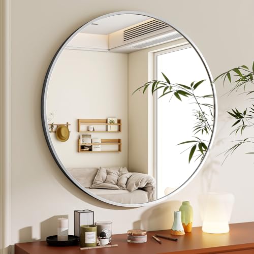 BEAUTYPEAK 76 cm Runder Spiegel, Wandspiegel mit Silber Aluminiumrahmen