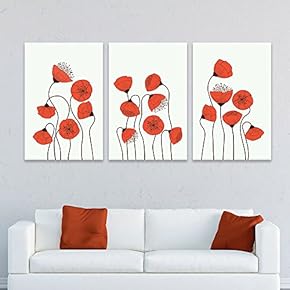 3 Panel Canvas Wall Art - Hand Drawing Style Red Flowers - Giclee Print Gallery Wrap Modern Home Art Ready to Hang - 16"x24" x 3 Panels