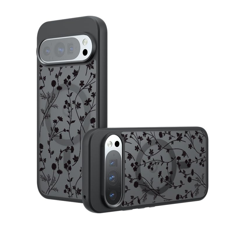 Oxytter Magnetic Case for Google Pixel 9/9 Pro [Compatible with MagSafe] Black Flower Floral Pattern Case for Women Girls Soft TPU Bumper Hard PC Back Anti-Fall Shockproof Protective Slim Cover