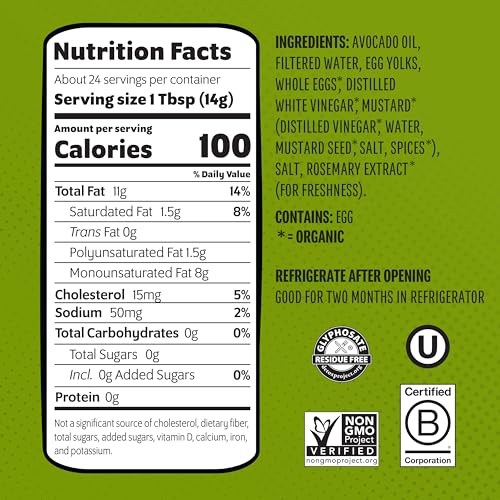 Chosen Foods Avocado Oil Mayo Traditional 12 oz, Non-GMO, 100% Pure, Gluten Free, Dairy Free for Sandwiches, Dressings and Sauces