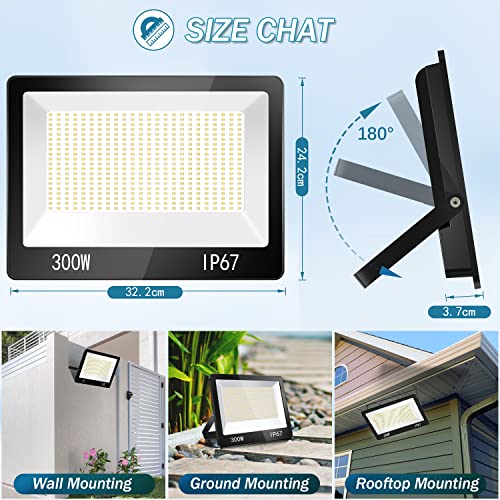YIQIBRO Outdoor LED Floodlight 300 W, IP67 Waterproof Outdoor LED Spotlight with Transformer, 30000LM 6500K Cool White Security Light, Light for Garden, Garage, Factory
