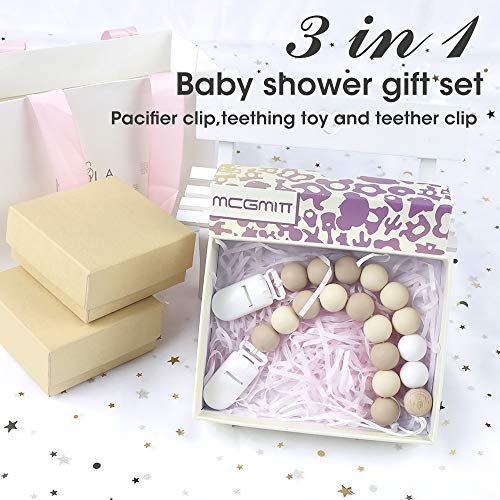 MCGMITT Pacifier Clip, Silicone Binky Teether Holder BPA Free Teething Beads for Baby Girls Boys, 2 Pack Shower Gift Set (Beige)