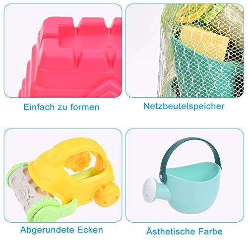 GOLDGE Sand Toy Set, 29 Pieces, Colourful Beach Toy, Sand Toy Set with Car Bucket, Castle Shapes, Mesh Bag, Water Toy for Boys and Girls