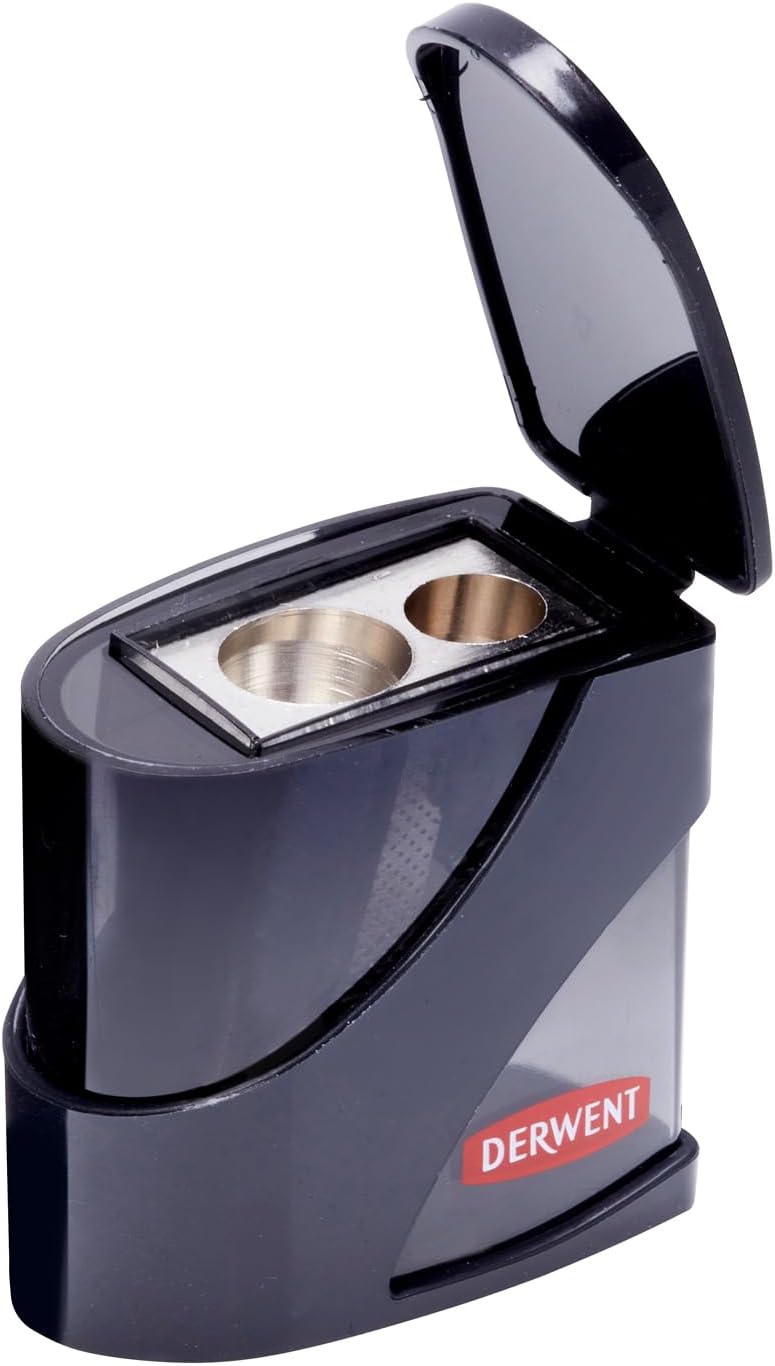 Derwent Twin Hole Pencil Sharpener with Container 11.5mm & 8.25mm Black