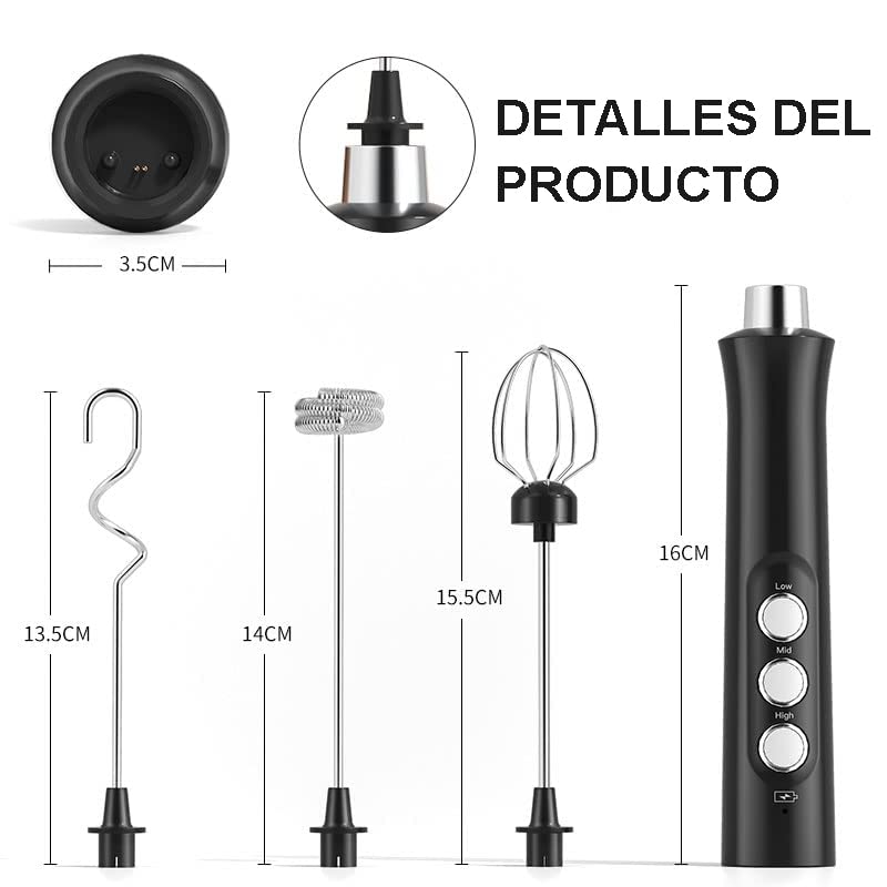 Bauihr Batidora de Leche Espuma, Espumador de Leche Recargable por USB, Batidor Electrico de Mano 3 velocidades Ajustables con 3 Batidores de Acero Inoxidable para Latte, Capuchino, Café, Matcha