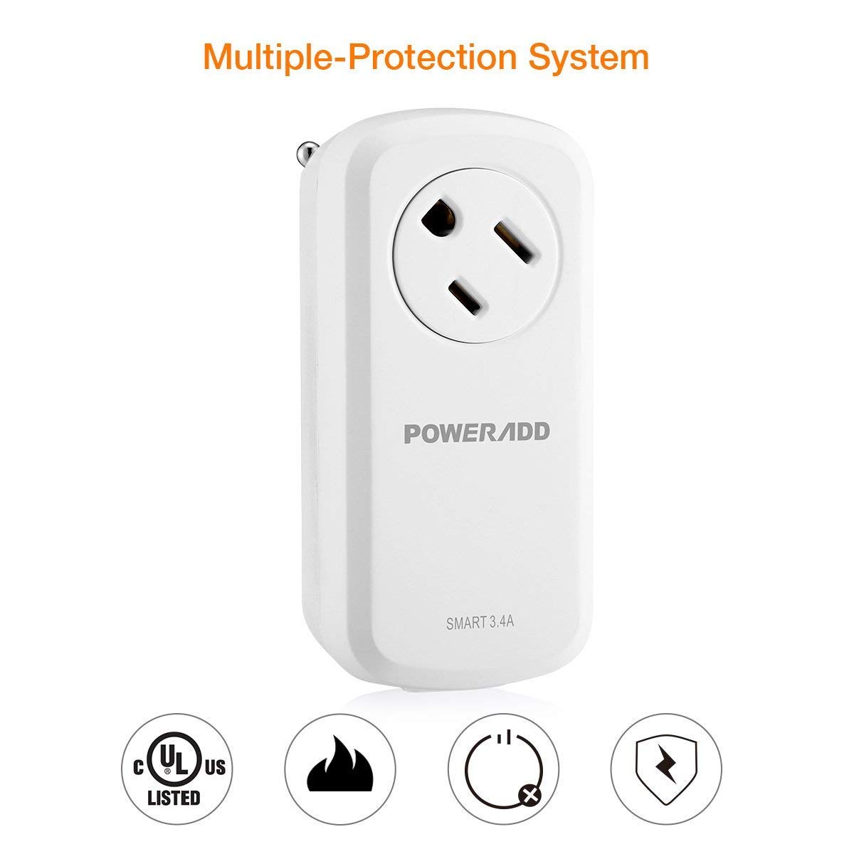 [UL Listed] Poweradd Portable 360 Degree Swivel Outlet Surge Protector 100-240V with 2-Port 3.4A USB Wall Charger, 15A/1875W - White