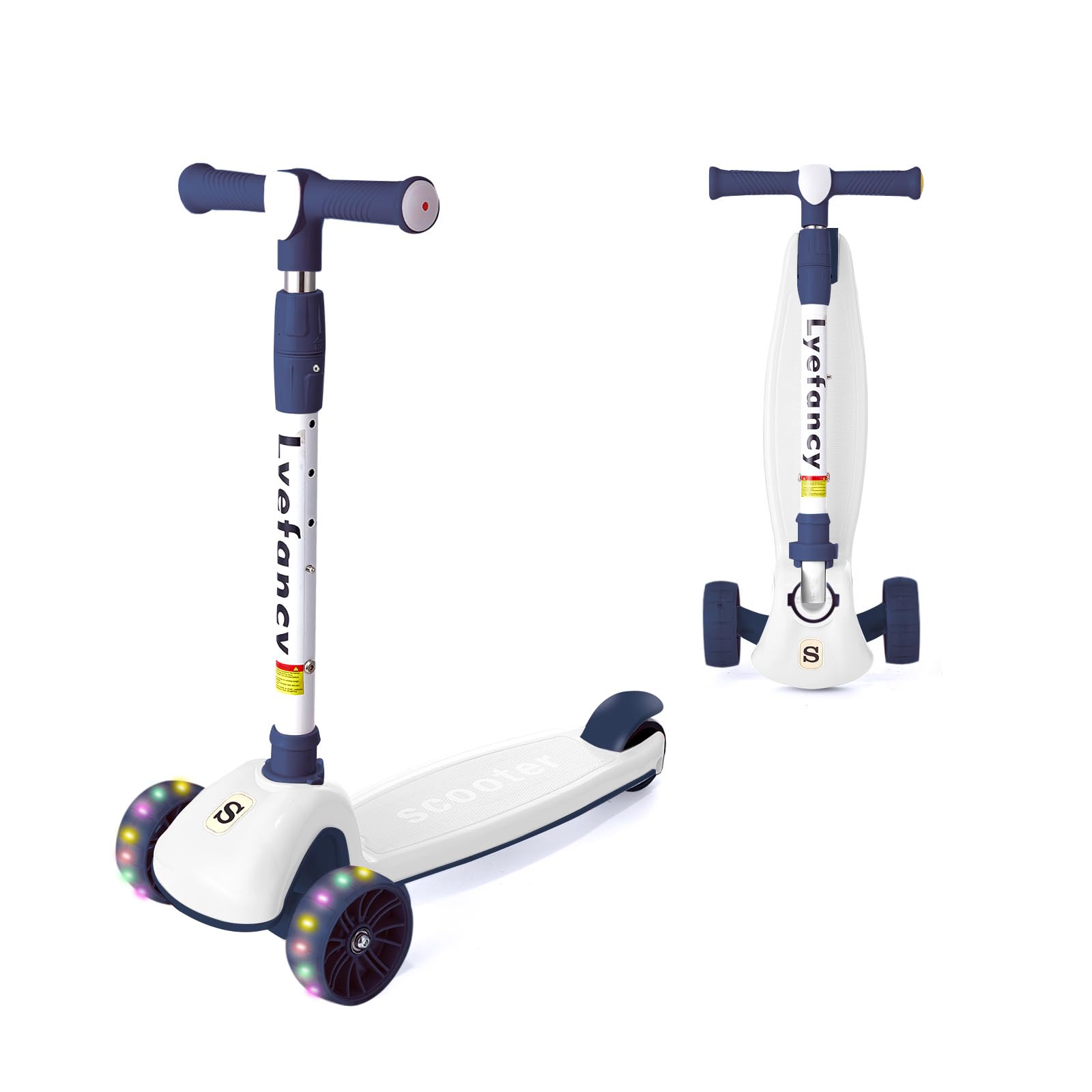 Lyefancy Kids Scooter for 2-10 Years Old Boys Girls, 3 Wheel Toddler Scooter, Childrens Folding Kick Scooter, Light up Wheels, Adjustable Height, Lean to Steer, Extra-Wide Deck(Blue)