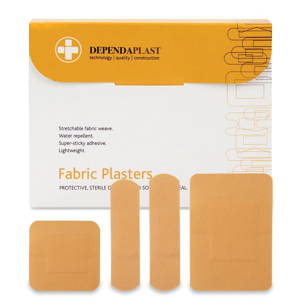 Dependaplast Fabric Plasters - Latex-Free, Washproof, Extra Flexible, Low-Allergy Adhesive, Lightweight Stretch - Assorted Box of 100