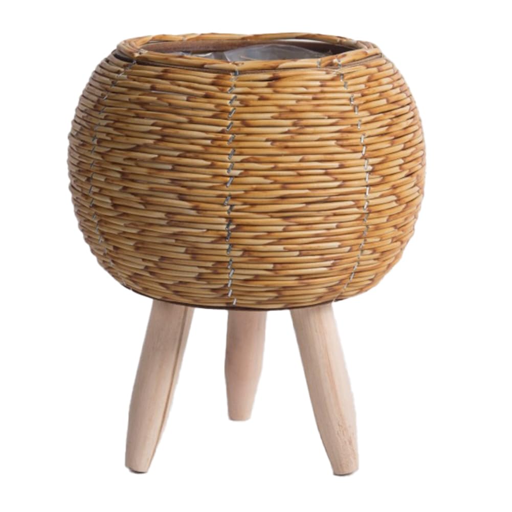 Rensimote Vintage Imitation Rattan Woven Flower Shelf Handmade Storage Basket with Wooden Legs Plant Pot Stand Holder Easy Install Easy to Use,A