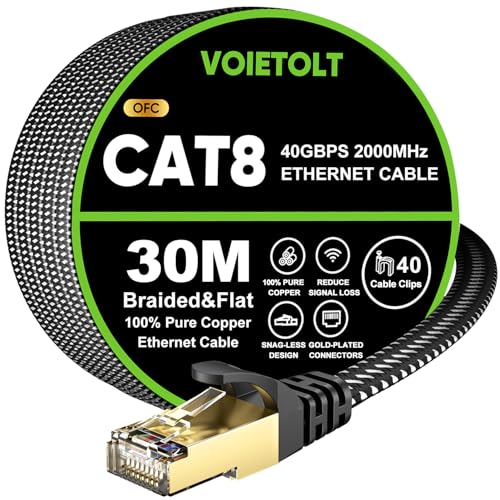 VOIETOLT CAT 8 LAN Kabel 30M,40Gbps Netzwerkkabel Ethernet Flach Geflochten