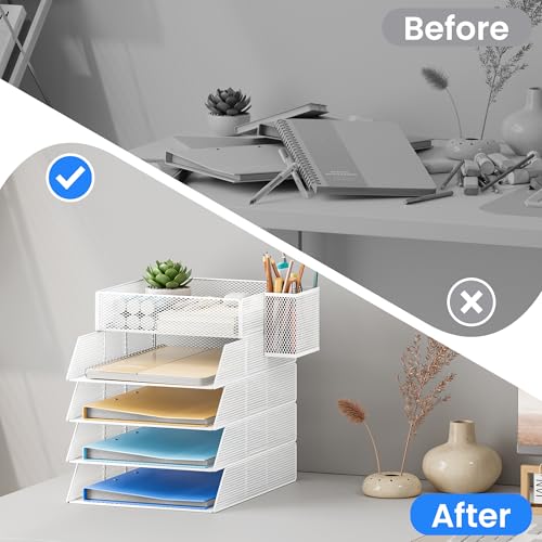 VITVITI 5 Tier Stackable Tray for Office, Desk Paper Organizer, File Trays, Office Desk Accessories with Pen Holder - White