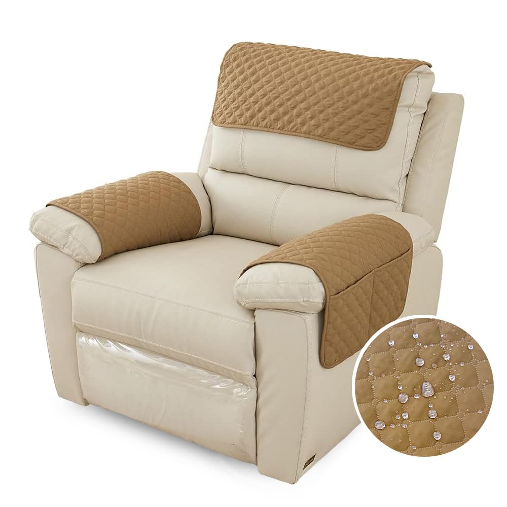 FANSU Armchair Covers for Arms Headrest Cover for Armchair Waterproof Slipcover with Side Pocket Nonslip & Washable & Abrasion Furniture Protector for Cat Dog Pets (1 Seater,camel)