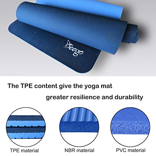 Beego Yoga Mat 1/4 inch Eco Friendly TPE Non Slip Yoga Pilates and Floor Exercise Mat with Carrying Strap (Blue)