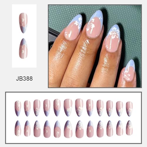 Blue French tips Press on Nails Medium Almond Fake Nails with Design White Flower Glue on Nails Glossy Spring Nails Reusable Summer False Nails for Women Girls Manicure 24pcs - Image 3