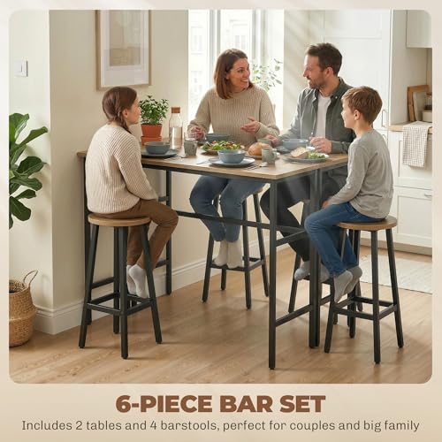 HOMCOM 6-Piece Bar Table Set, 2 Breakfast Tables with 4 Stools, Counter Height Dining Tables & Chairs for Kitchen, Living Room, Grey-Brown Wood Grain