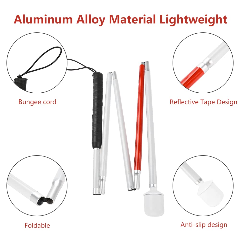 Watris Veiyi Blinder Folding Cane, Collapsible Walking Stick with Red Reflective Tape, Anti-Slip Blind Cane for The Blind and Visually Impaired People, 53.1in(135cm)