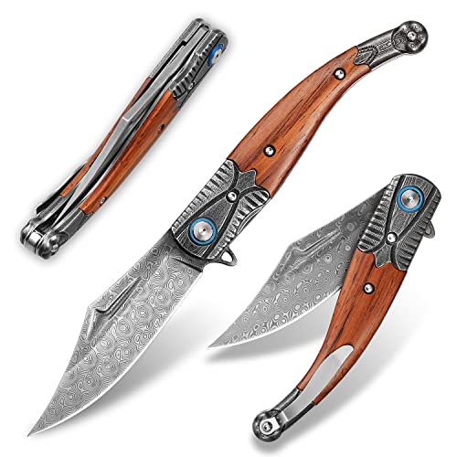 MINOWE Folding pocket Knife 3.9" Damascus Steel Blade with metal pocket