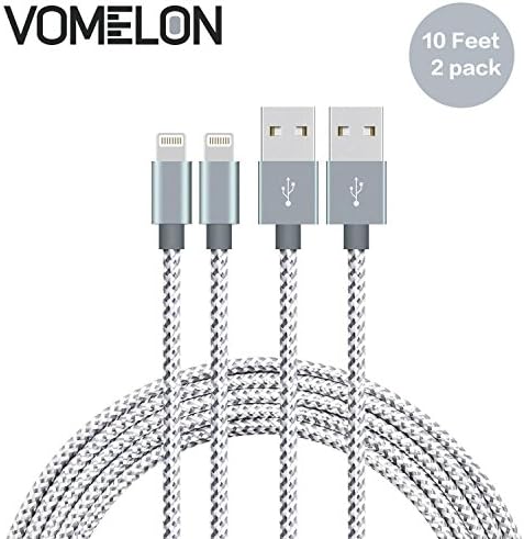 Lightning Cable, [10FT-2Pack] Nylon Braided Lightning to USB Syncing and Fast Charging Cable Data Cord Compatible with iPhone 7/7 Plus/6S/6 Plus, SE/5S/5, iPad, iPod Nano 7-[Grey + White]