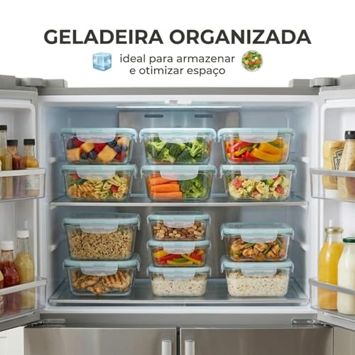 Pote de Vidro Hermético 370ml Retangular Kit 10 Unidades Marmita com Trava Organizador de Alimentos para Geladeira Freezer e Microondas