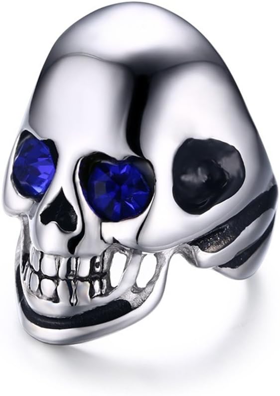 Punk Rock Style Stainless Steel Gothic Personalized Cool Blue Crystal Eyes Skull Ring Biker Fashion for Mens