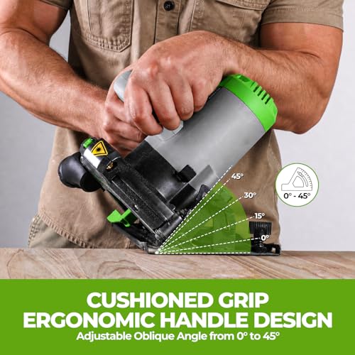 DESOON Sega Circolare da 1600 W con Guida Laser, Include Guida Parallela e 2 Lame da Seghetto (185 mm, 24T e 40T), 5500 Giri/min, Profondità di Taglio 65 mm (90°) e 43 mm (45°), per Taglio Legno