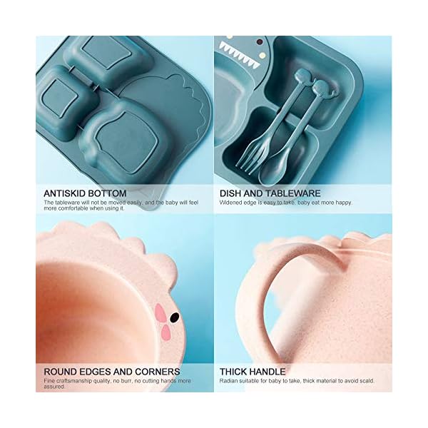 Besylo Tableware Dinner Sets, Dinner Plate, Dinnerware with Kids Plate Bowl Cup Spoon Fork, Cartoon Small Dinosaur, Healthy Wheat StrawTableware, Cartoon Tableware(Green)