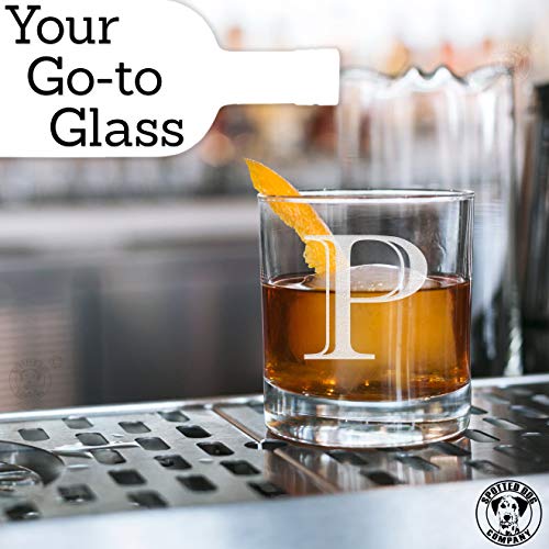 Etched Monogram 10.5oz Rocks Old Fashioned Lowball Glass for Whiskey Scotch Bourbon (Letter P)