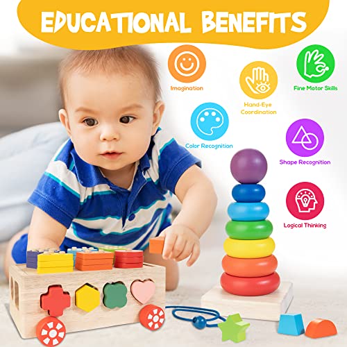 WOODMAM Montessori Wooden Shape Sorter Toys for 1 2 3 Year Older