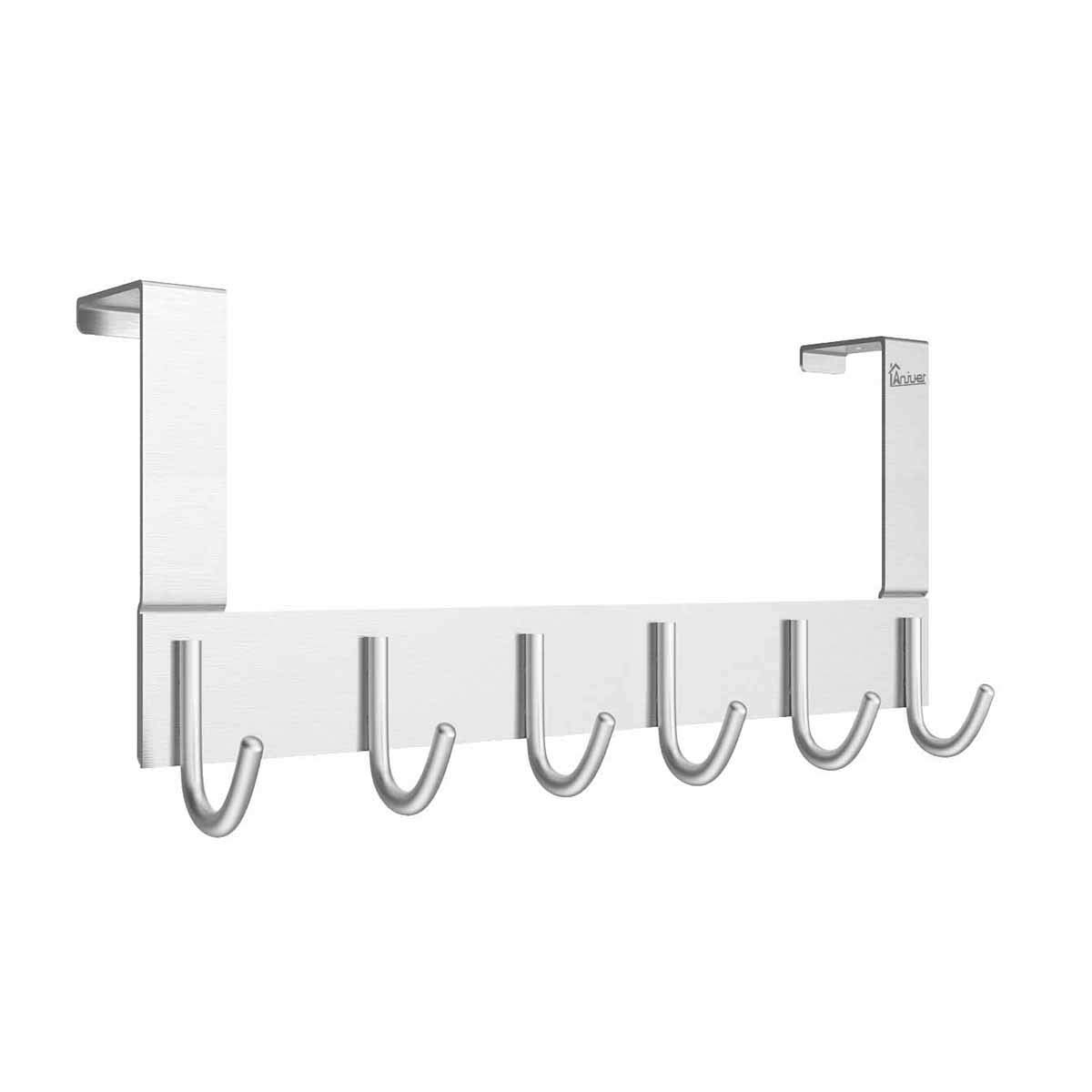Anjuer Door Hooks Hanger Rack, Aluminum Utility Organizer Holder for Kithchen Bathroom, 6 Hooks Over The Door Hanger Silver