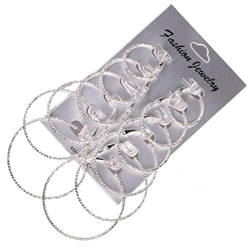 6 Pairs/Set Big Circle Hoop Earrings Women Steampunk Ear Clip Long Dangle Drop Earring (Silver)