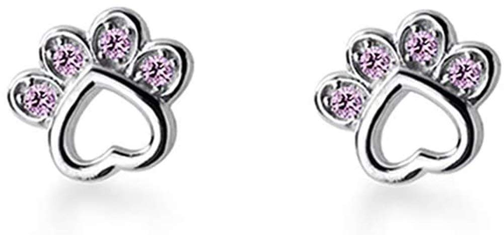 Pink CZ Puppy Paw Print Stud Earrings Sterling Silver S925 for Women Girls Cute Crystal Rhinestone Dog Cat Pet Kitten Paws Small Earring Ear Piercing Studs Hypoallergenic Jewelry (Silver)
