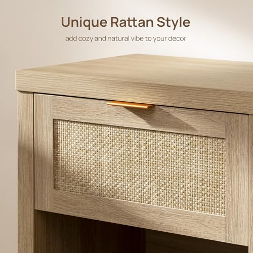 SICOTAS Rattan Nightstands Set of 2, Farmhouse Night Stands with Drawer Bedside Table - Boho End Table Side Table Accent Table for Bedroom, Light Oak Wood