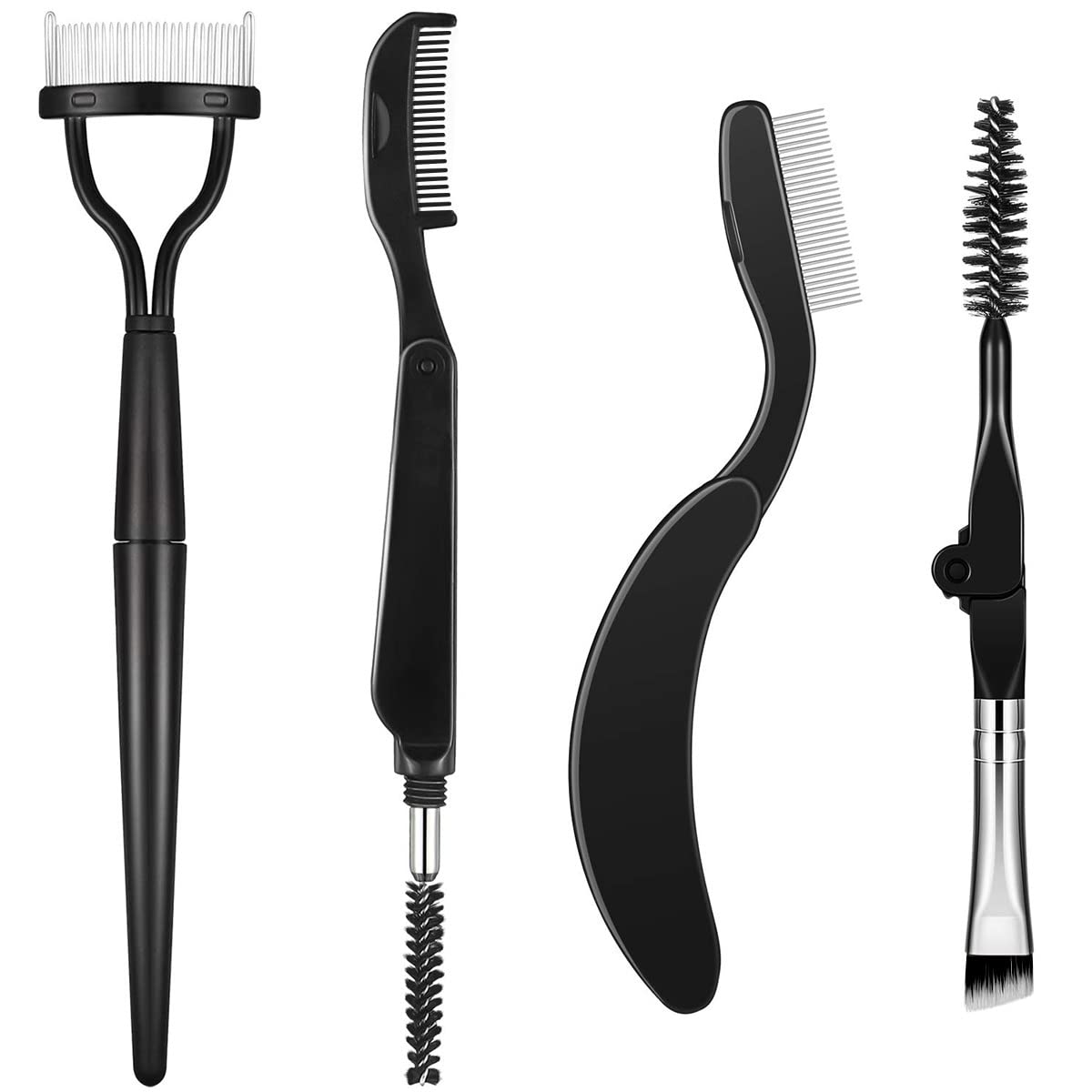 4 in 1 Foldable Eyebrow Comb Eyelash Separator Comb Angled Eye Brow Brush Spoolie Brush Eyebrow Eyelash Grooming Brush Mascara Brush with storage bag for Brows Lashes Makeup tools for home or travel