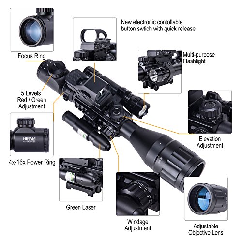 HIRAM 4-16x50 AO Rifle Scope Combo with Green Laser, Reflex Sight, and 5 Brightness Modes Flashlight