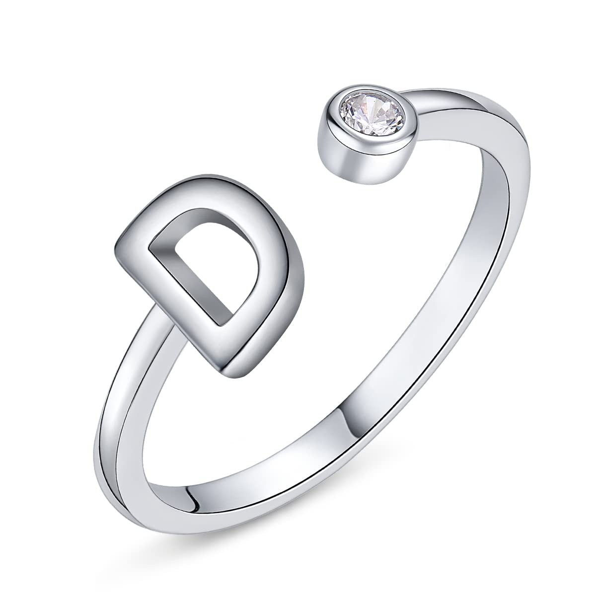 PEARLOVE 925 Sterling Silver Initial Rings for Women Girls A-Z Stackable Adjustable Silver Ring Jewelry Gifts