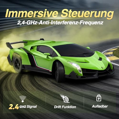 Lamborghini Remote Controlled Car from 6-12 Years, 1:24 RC Drift Car with 2 Rechargeable Batteries and 2 Sets of Interchangeable Tyres 25 km/h, Toy Gifts for Boys from 6 7 8 9 10 11 12 Years