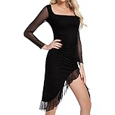 Women's Long Sleeve Mesh Ruched Midi Bodycon Cocktail Split Elegant Ruffle Square Wedding Guest Party Tank Dresses