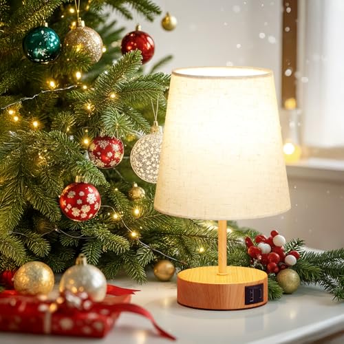 PreeOtti Bedside Lamp Touch Dimmable Table Lamp with USB A+C Charging Function | Lampshade in linen colour, small lamp for bedside table, living room, bedroom, children's room, office, bulb included