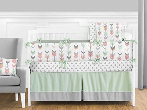 Grey, Coral and Mint Woodland Arrow 9 Piece Crib Bed Bedding Set with Bumper for a Newborn Baby Girl