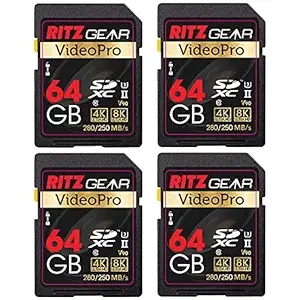Ritz Gear Video Pro SD Card UHS-II 64GB SDXC Memory Card 4-Pack U3 V90 A1, Extreme Performance Professional (R 280mb/s 250mb/s W) for Advanced DSLR,Well-Suited for Video, Including 4K,8K, 3D, Full HD
