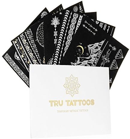 Tru Flash Tattoos - Premium Temporary Metallic Tattoos - 6 Sheets - Festival Flash Tattoos - Flash Tattoos For Women - Over 50 Intricate Designs (White Gold)