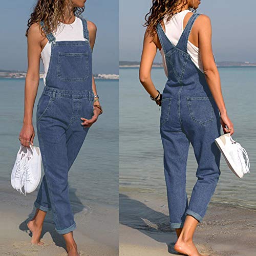 Womens' Casual Adjustable Strap Denim Overalls Basic Boyfriend Fit Rompers Bib Pants Jumpsuits (Blue, S)