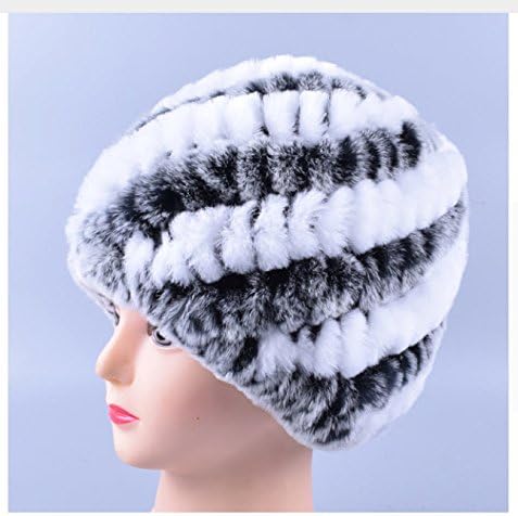 New Design Genuine Rex Fur Pom poms Snow Cap Winter Hats for Girls Skull Cap Real Fur Knitting Rabbit Skullies Beanies Women Hats (Grey White)